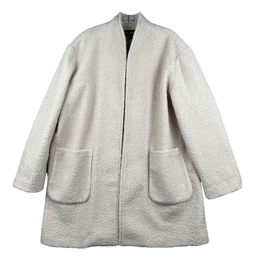 Halston Boucle Coat Womens Large Cream Open Front Pockets Cozy Warm Winter